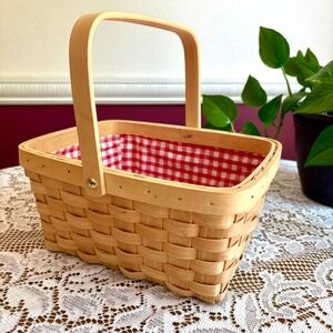 Vintage Woven Picnic Basket Red Gingham Lining Swing Handle 10x8x5 Cottage Retro